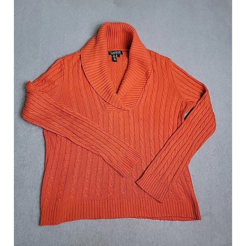 LRL Ralph Lauren Sweater Womens Medium Orange‎ Red Cowl Cable Silk Cashmere Soft